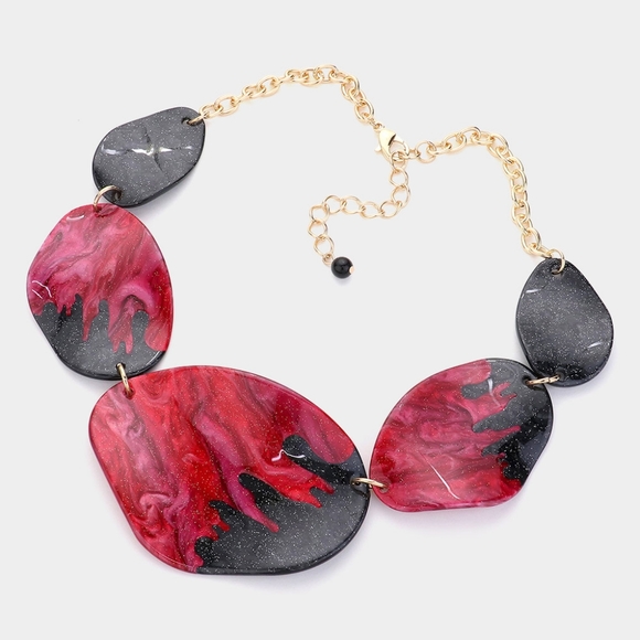 Red Glitter Abstract Necklace Chunky Fashion Statement Jewelry Set - Picture 2 of 2